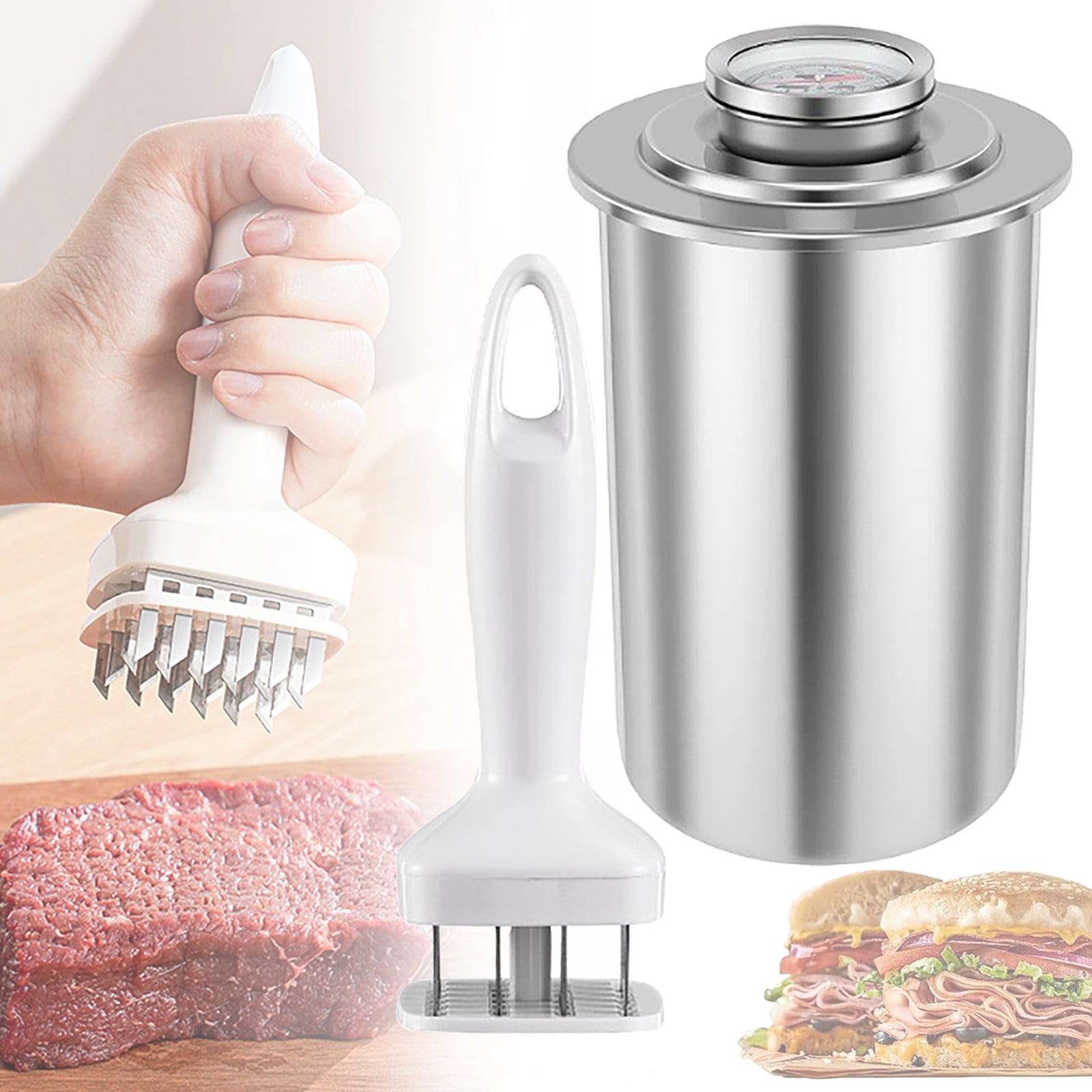 Stainless Steel Ham Maker, Large Capacity Round Meat Press for Homemade Lunch Meat, Includes Tender Meat Skewer Thermometer, Perfectly Shaped Deli Loaf Cooker