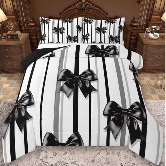 Manfei Cute Bowknot Bedding Sets Twin with Comforter,Geometric Stripes Duvet Insert,Black White Comforter Sets Twin Size,Super Cozy Room Decor Reversible,2pcs