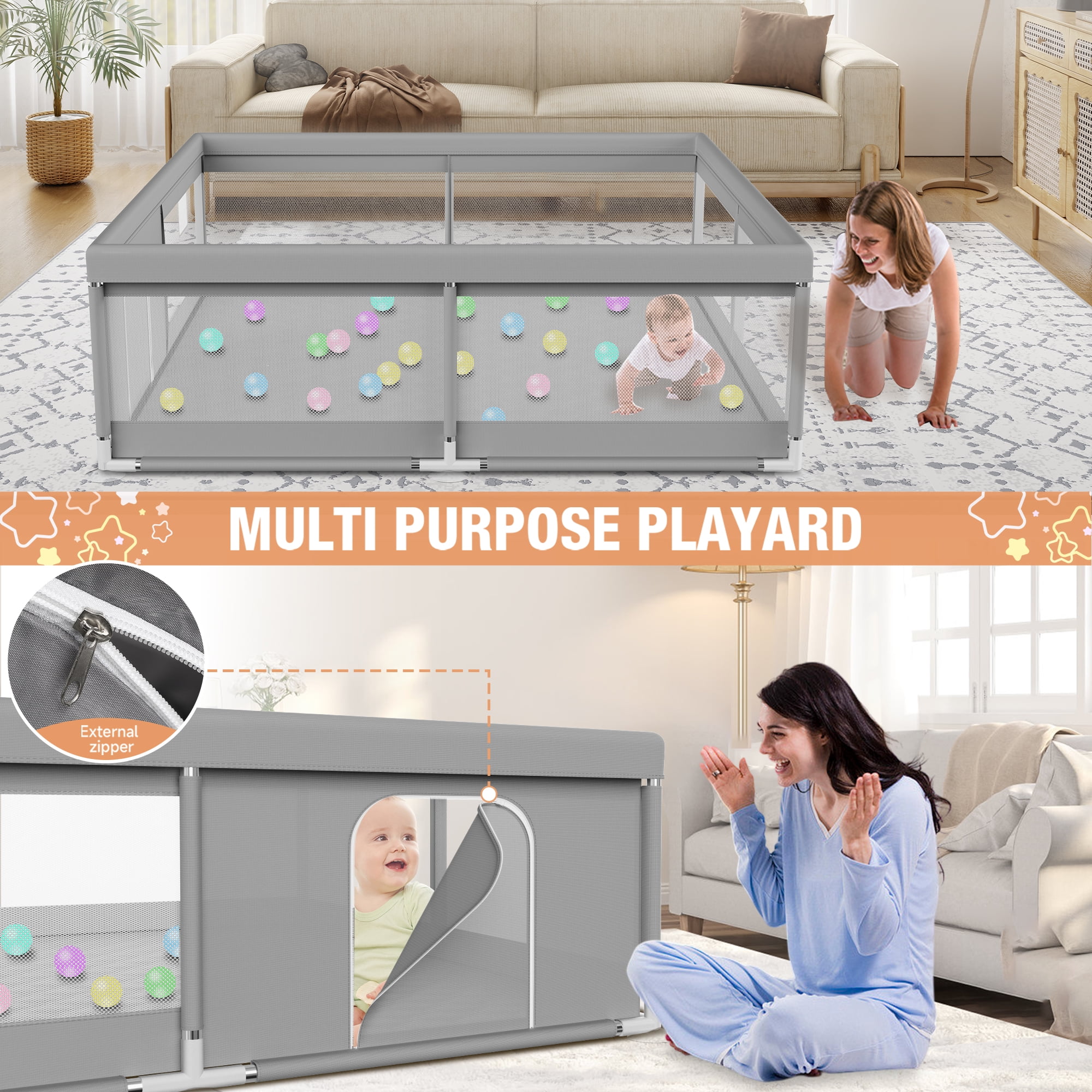 Babyeap Baby Playpen With Mat, Large Play Yard Fence for Toddlers, 50"x50" Gray