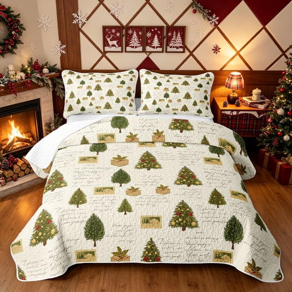 Erosebridal Christmas Tree Twin Quilt Set, Vintage Script Twin Coverlet Set, Cream Yellow, 2pcs, 1 Bedspread and 1 Pillowcase