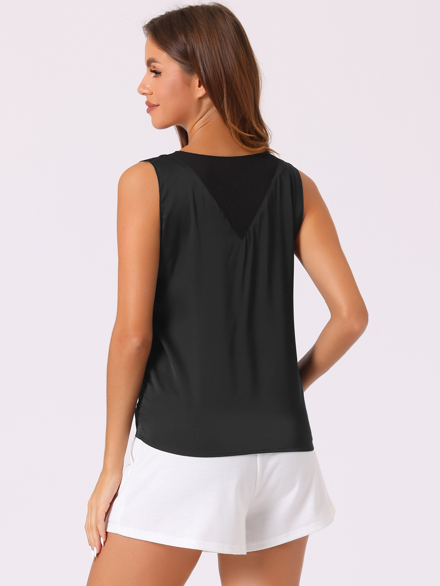 DARING DIVA Women's Silky Satin Mesh V Neck Sleeveless Blouses Tank Shirt XS Black