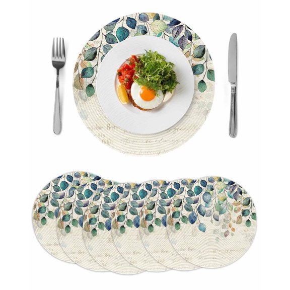Blue Teal Botanical Round 15 Inch Placemats Set of 6, Weeping Fall Eucalyptus Leaves Rustic HeatResistant Non Slip Place Mats for Dining Table, Wipeable Braided Kitchen Table Mats for Housewarming