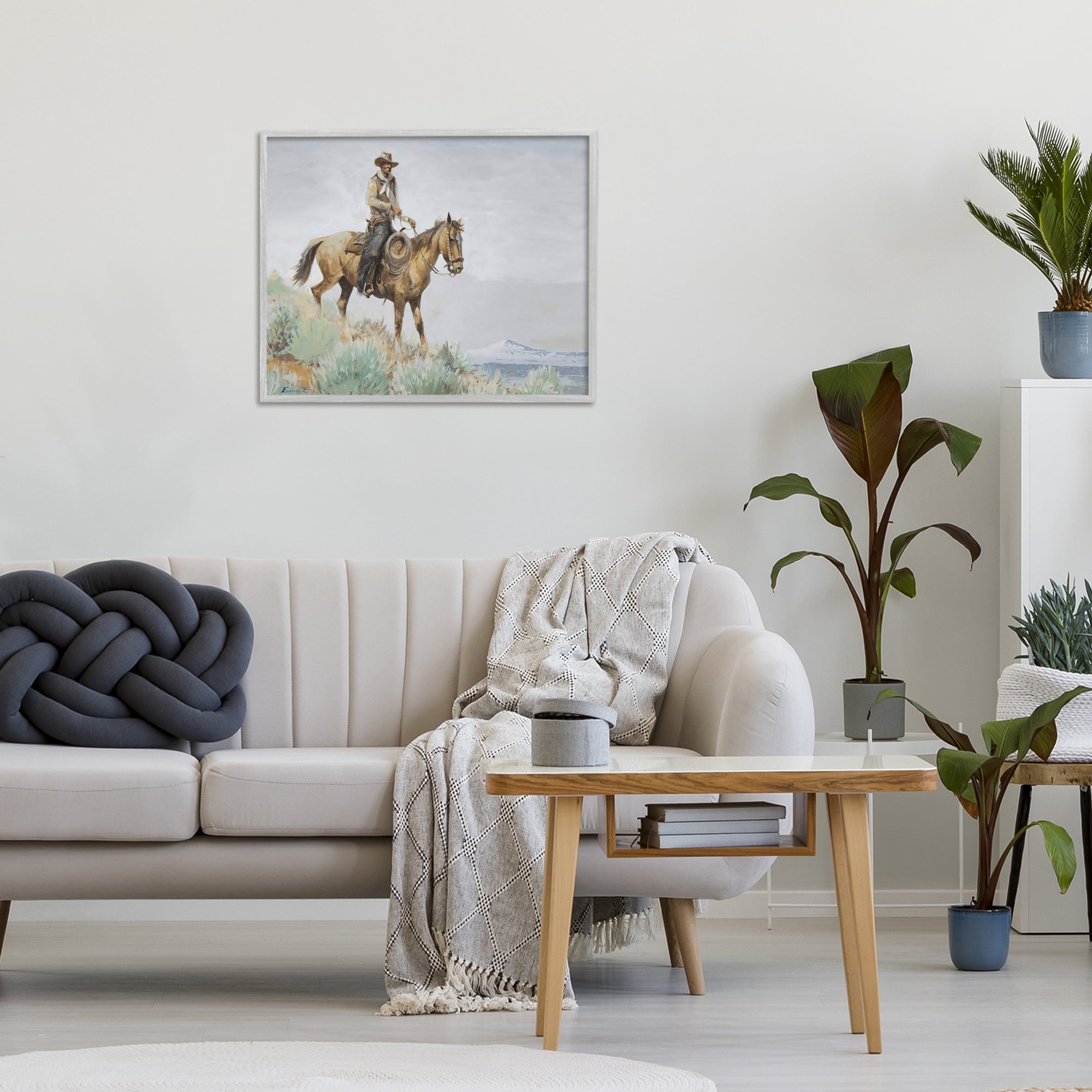 Stupell Industries Mounted Cowboy on Sagebrush Ridge Gray Framed Giclee Art, design by Arlington Prints