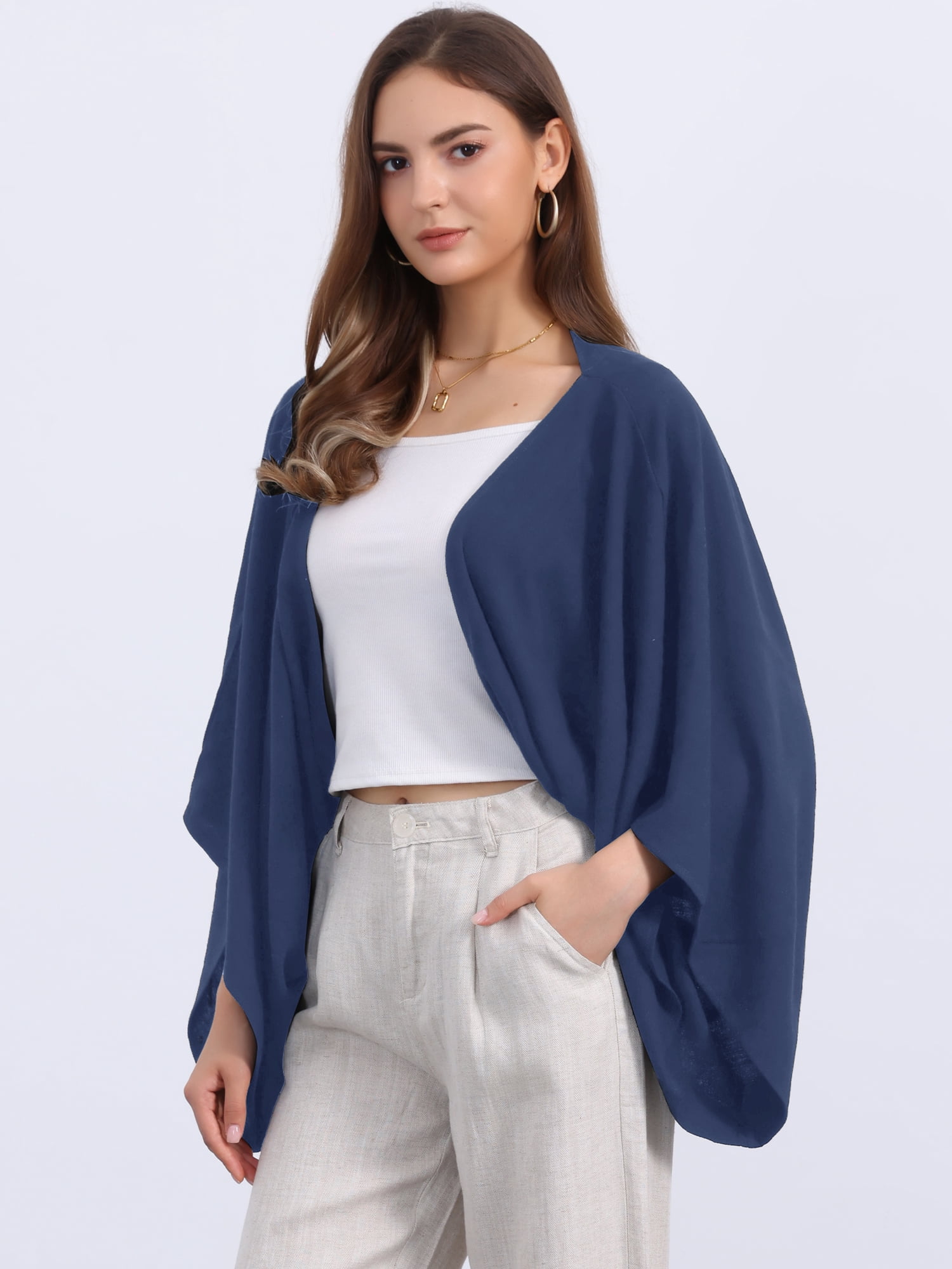 DARING DIVA Women's Linen Cardigan 3/4 Sleeve Open Front Lightweight Shrug L Dark Blue
