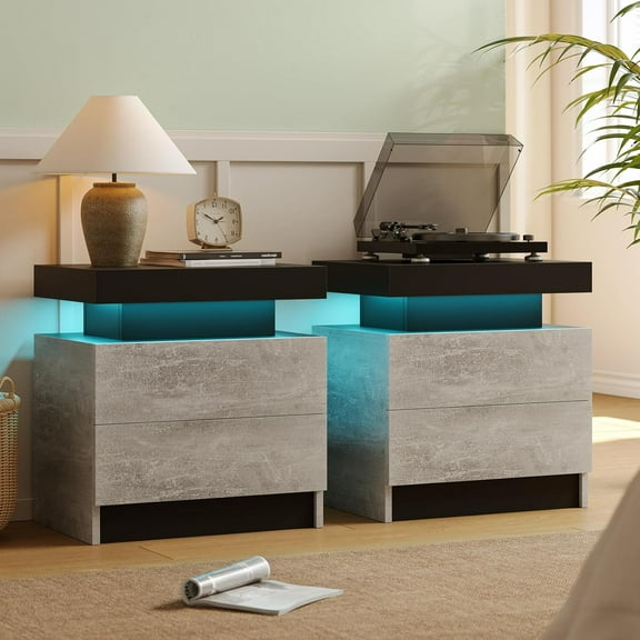 LED Nightstand Set of 2,Modern Night Stand Set 2,Multi-Color LED Light Strip,Slient Slide Drawer,Large Capacity Storage,Small Space Solution,Bedside Table for Bedroom,Grey Black