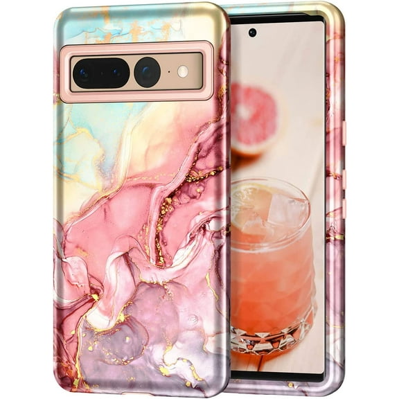 CASEFIV for Google Pixel 7 Pro Case,Marble Pattern Heavy Duty Shockproof Full Body Protective Phone Cover for Women Girls,Rose Gold