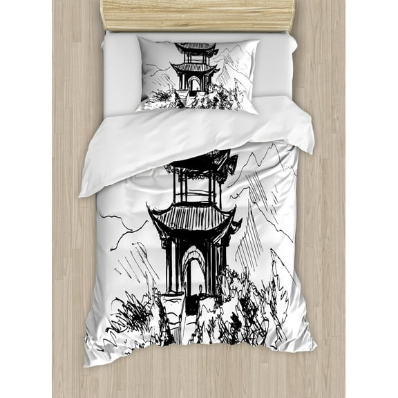 Ancient China Twin Size Duvet Cover Set, Hand Drawn Black and White Sketching of a Chinese Pavilion with Landscape, Decorative 2 Piece Bedding Set with 1 Pillow Sham, Black White, by Ambesonne