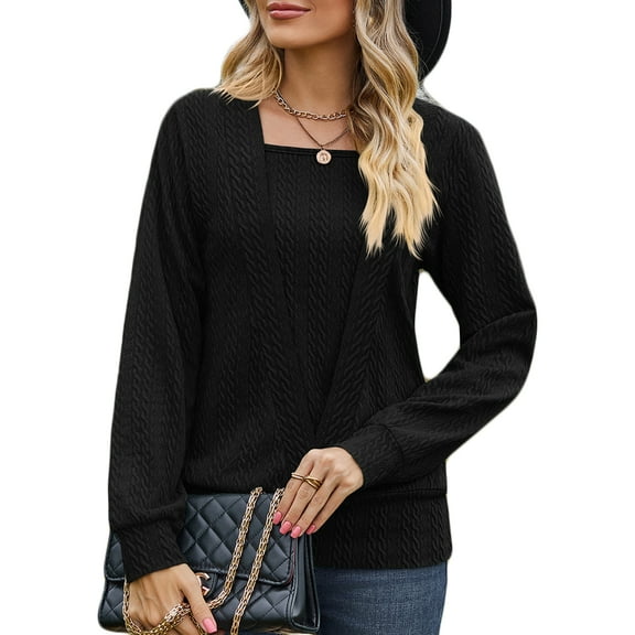 SHIBEVER Shirts for Women Long Sleeve Tops Casual Square Neck Blouse Loose Fit Fashion Jacquard Solid Color Black Size XL