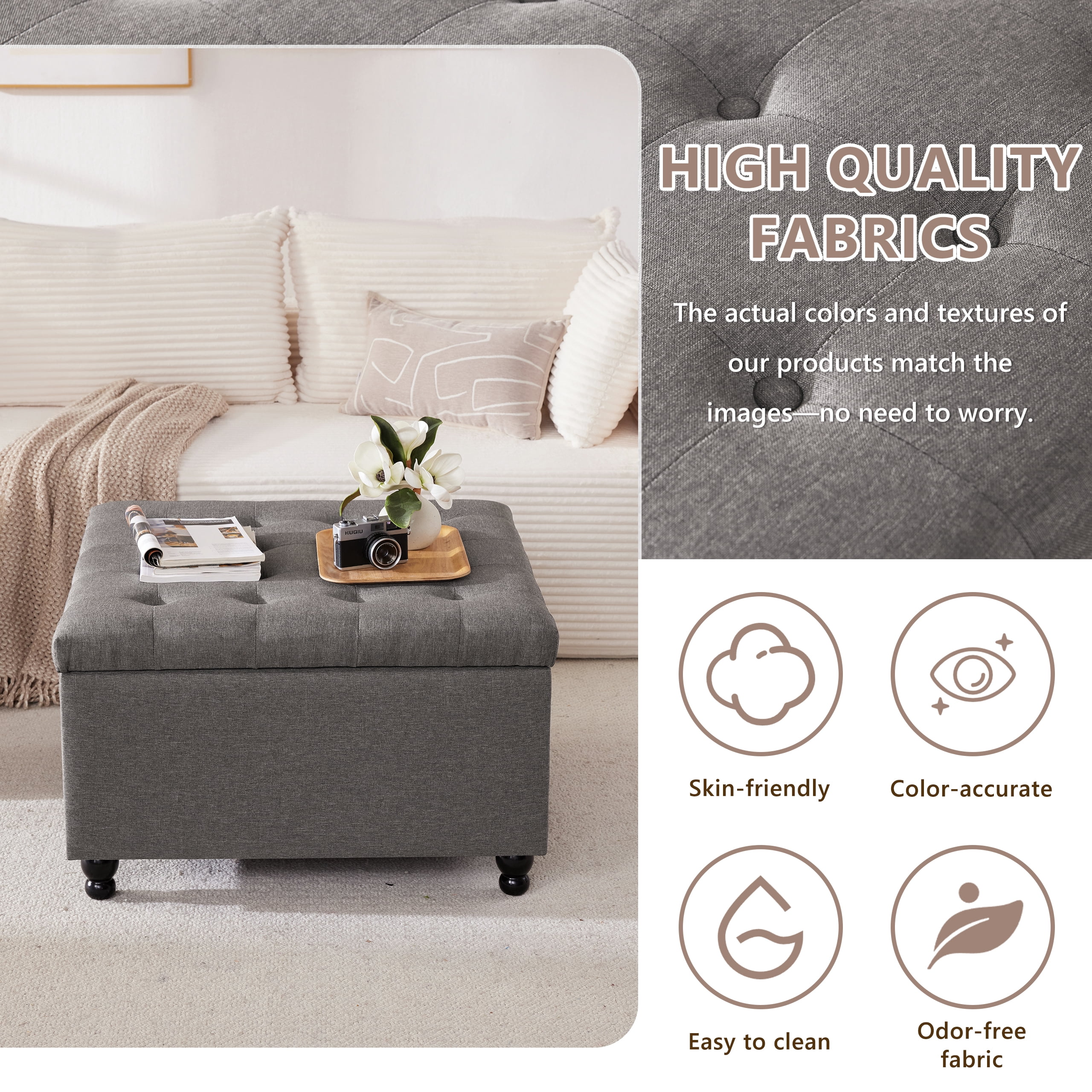 Weture 29.5-Inch Large Square Tufted Upholstered Storage Ottoman Coffee Table, Dark Grey