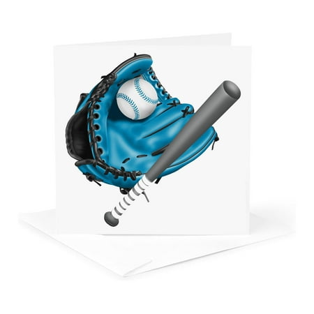3dRose, Blue Baseball Mitt, Baseball, and Baseball Bat Illustration, 1 Greeting Card with envelope