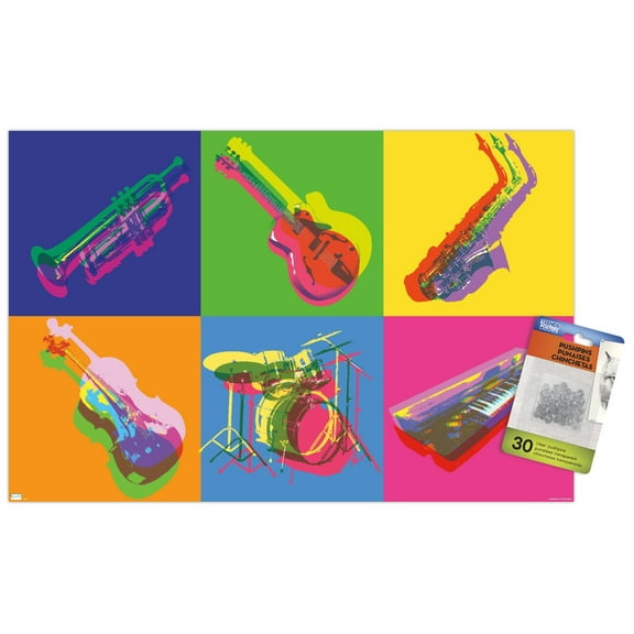Jazz - Pop Art Instruments Wall Poster with Push Pins, 14.725" x 22.375"