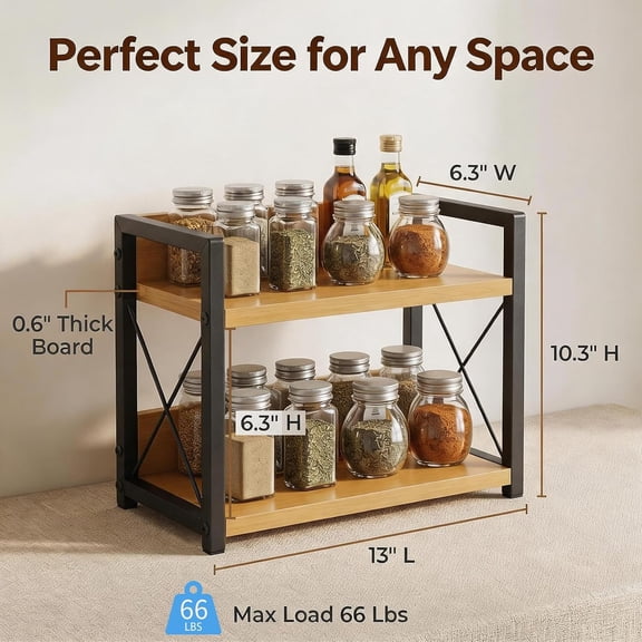 WEGOLY-2-Tier Countertop Organizer, Iron-Wood Coffee Station Shelf, Heavy Duty Kitchen Counter Spice Rack for Coffee Bar, Pantry, Bathroom Storage (Bamboo)