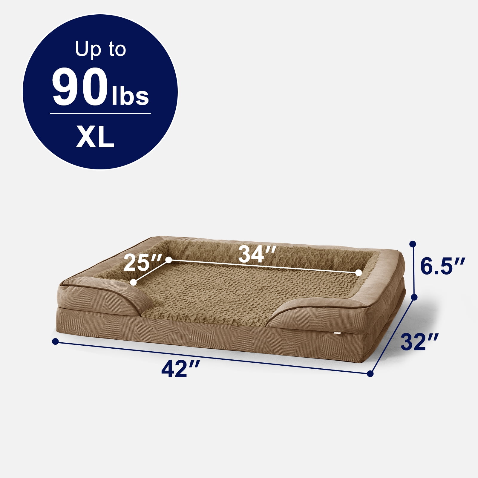 Orthopedic Dog Bed with Cooling Gel Memory Foam, Extra Large Waterproof Pet Sofa Couch with Removable Washable Cover, 42" XL Dutch Velvet Bed Includes Bone Toy, Brown，42in