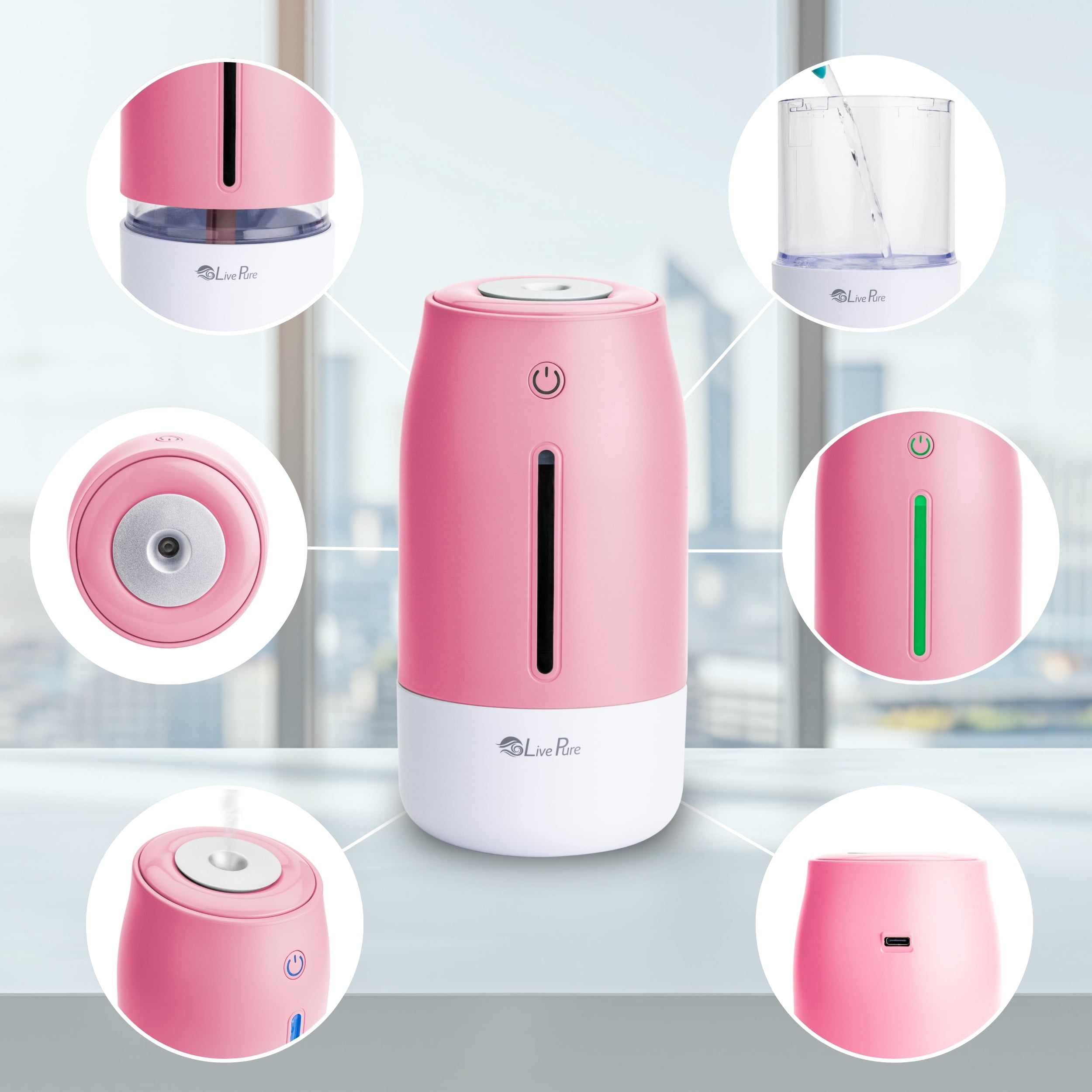 LivePure LP250 Aqua Glo Portable Cool Mist Humidifier. Rose Quartz