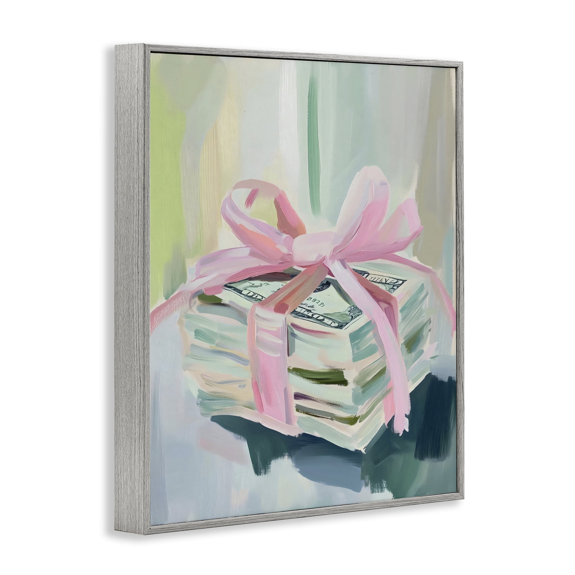 Stupell Industries Pink Bow Cash Bundle Gray Framed Giclee Art, design by The Prints Vibe