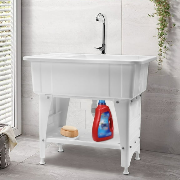 Freestanding Plastic Laundry Sink with Washboard PP 29.06gal Indoor and Outdoor Utility Sink Laundry Tub for Laundry Room Bathrooms Utility Rooms Garages 32.28*22.44*9.84in