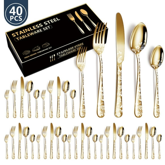 Zootealy Elegant 40-Piece Stainless Steel Dining Set with Golden Floral Design - Service for 8 - Ideal for Home, Parties, and More