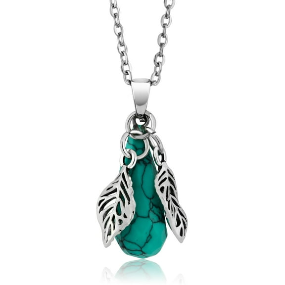 Gem Stone King Faceted Simulated Turquoise Women's Pendant Necklace with Leaf Charm on 18 inch Chain