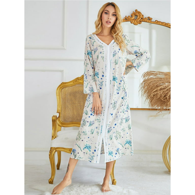 Women Long Sleeve Nightgown Split Hem Sleepwear,White Flower Print