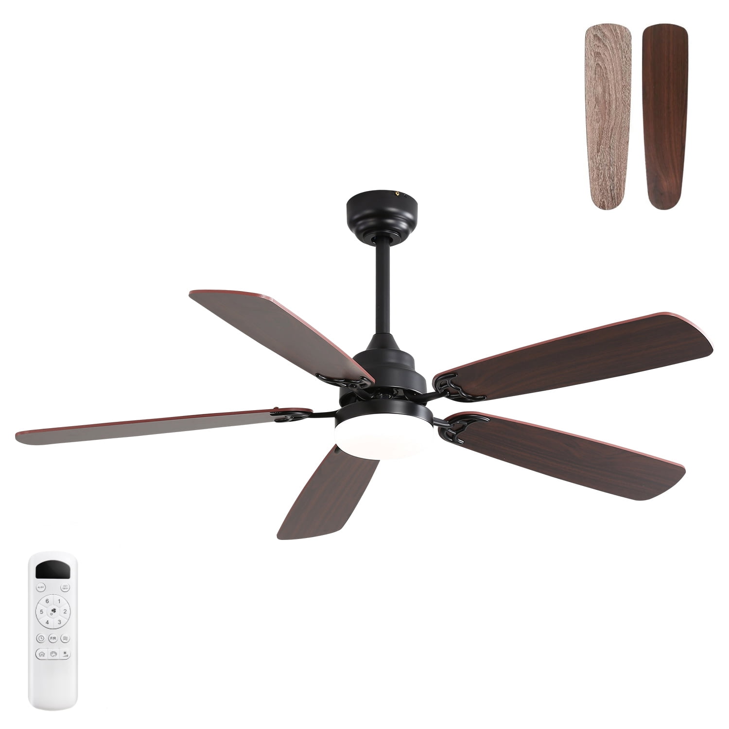 Ceiling Fan 52 Inch, 5 MDF Blades with LED Light and Remote Control, 6 Speed DC Motor for Indoor Use, Matte Black