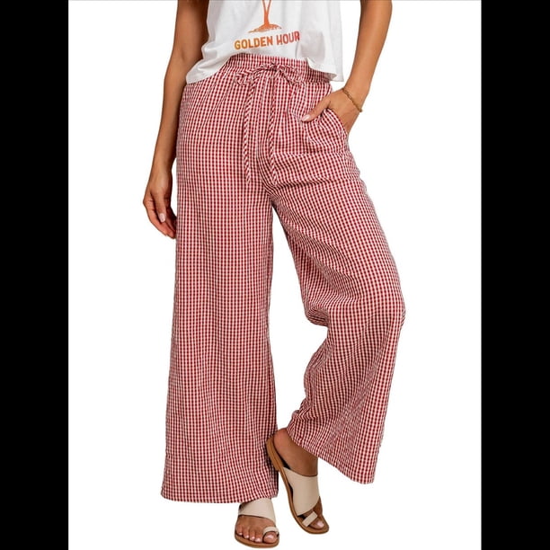 Pantalones Palazzo de Pierna para Mujer, Cintura Alta, con Cordón, Informales, Holgados, con Bolsillos, para Verano y Otoño. Rojo XXL