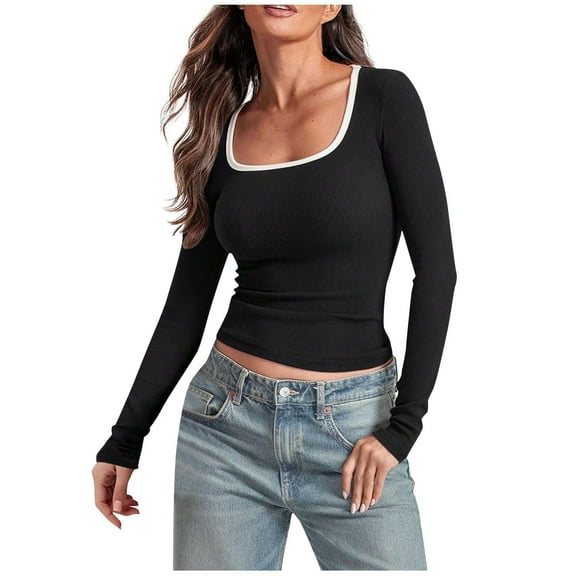 Byworldtasic Scoop Neck Slim Fitted T Shirts for Women Basic Long Sleeve Layering Tee Tops