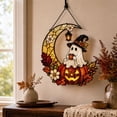 thumbnail image 2 of MYUNNIL Ghost Pumpkin Hanging Suncatcher, 2D Stained Glass Witch Ghost Sitting on Moon Floral Acrylic Pendant, Eye-Catching Fall Seasonal Decoration for Halloween Home Decor & Holiday Gift, 2 of 7