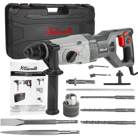 XtremepowerUS 800W SDS-Plus Rotary Hammer Drill, 1" 4-Function Corded Concrete Drill, 2.2J 5300 BPM with Bits, Chisels & Case