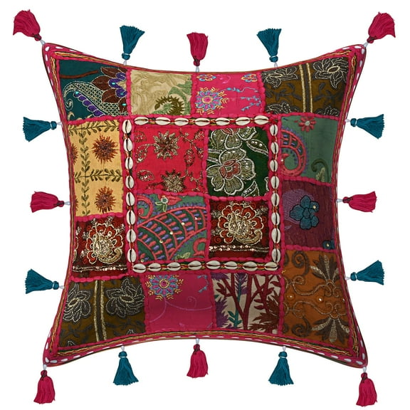Stylo Culture Indian Settee Sofa Throw Pillow Cover Vintage 16 x 16 Embroidered Patchwork Cowrie Tassels Pink Hippie 40cm x 40cm Lounge Decor Cotton Floral Square Cushion Cover | 1 Pc