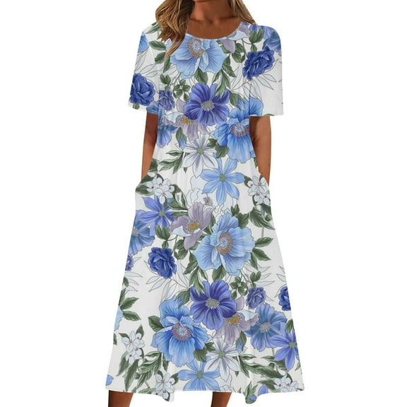 Drses Summer Dresses for Women 2024 Fashion Women Casual Sexy Round Neck Printing Elastic Waist Short Sleeve Pockets Dress Women's Casual Dresses