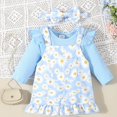 thumbnail image 2 of Odeerbi Infant Girls Fall Winter Outfits Ruffle Rib Knit Romper Daisy Overall Dress Set Solid Color Stripe Jumpsuit Daisy Apron Dress Bow Headband 3-Piece Set Infant Clothes Light Blue, 2 of 9