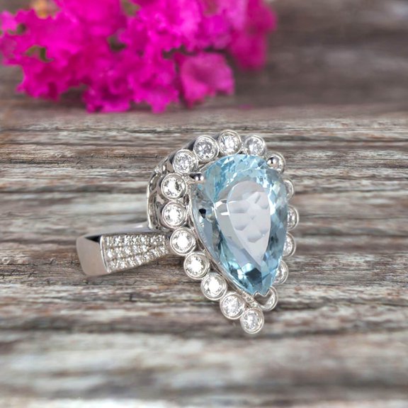 Aquamarine Engagement Ring Wedding 8x5mm Pear Shaped 1.75 Carat Unique Halo Design 10k White Gold Anniversary Gift