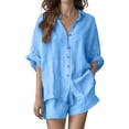 thumbnail image 2 of FengLS Women's Fashion 2 Piece Sets Lapel Collar Button Down Shirt & Short Pants Sets Cotton Linen Lightweight Breathable Sets for Daily Outdoor & Casual Home Wear, 2 of 8