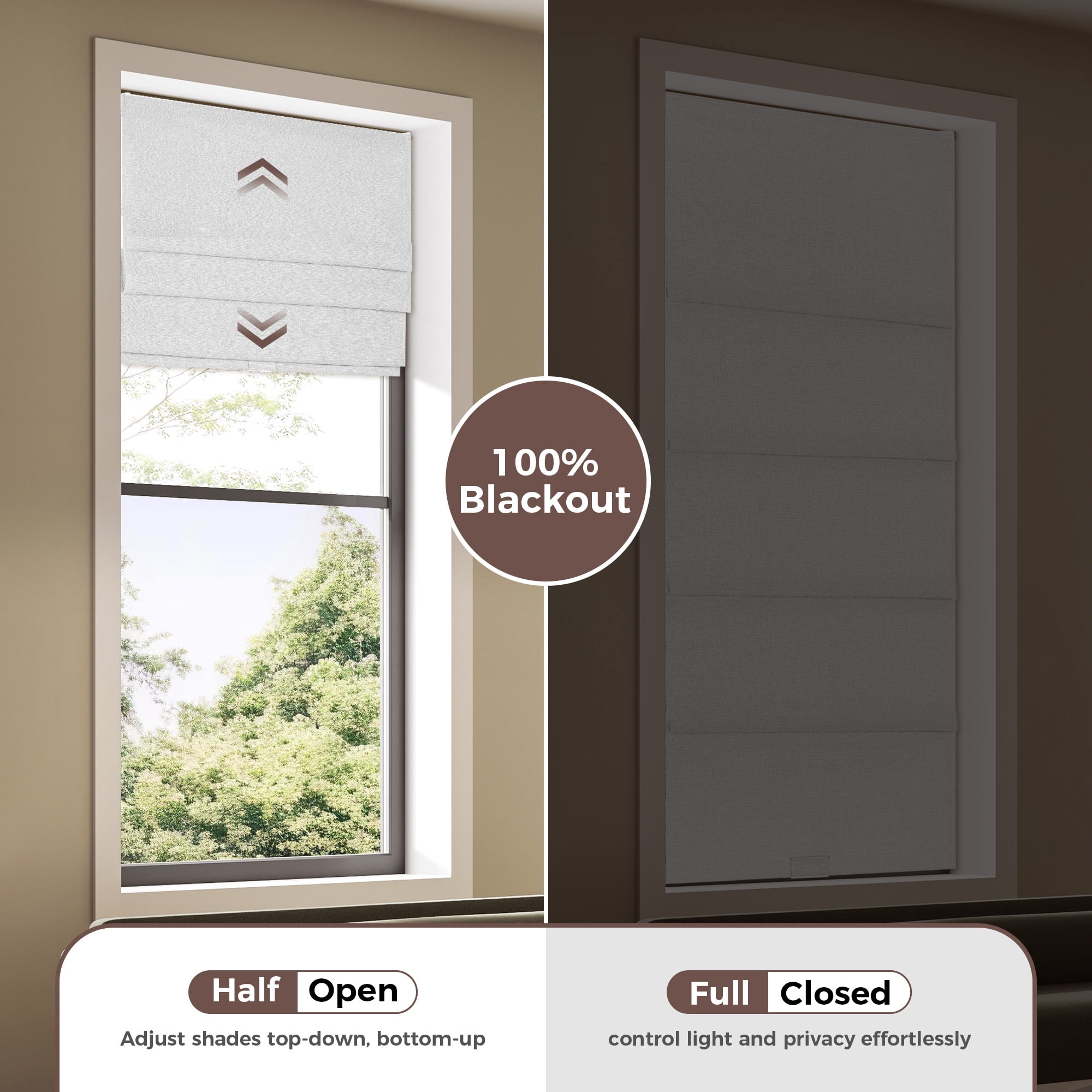 Allesin Zen No Drill No Tools Cordless Roman Shades for Windows, Blackout Thermal Insulated Room Darkening Window Blinds, Linen Fabric, Fits Bedroom, 34" W x 64" H, Grayish White