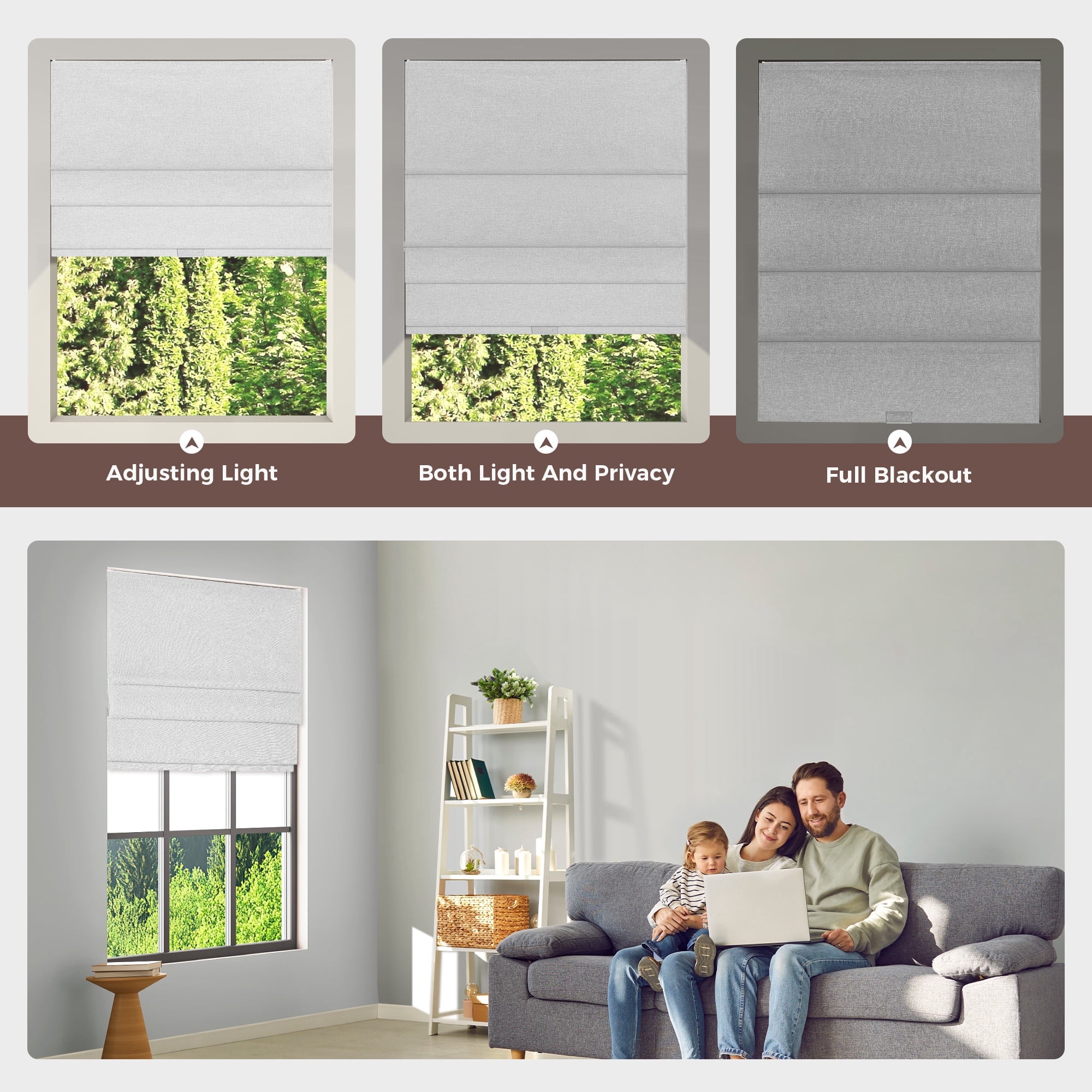 Allesin Zen No Drill No Tools Cordless Roman Shades for Windows, Blackout Thermal Insulated Room Darkening Window Blinds, Linen Fabric, Fits Bedroom, 34" W x 64" H, Grayish White