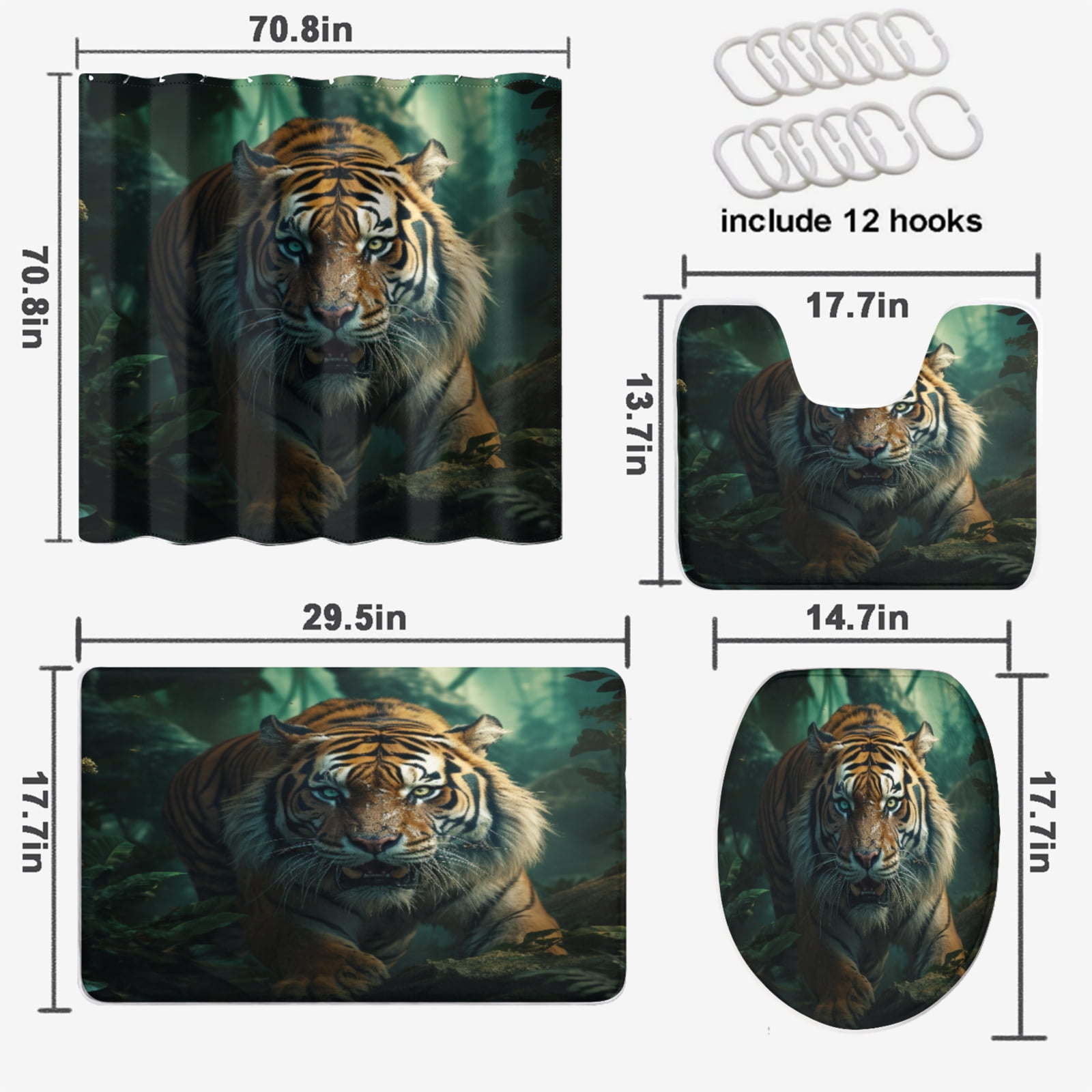 Tiger Shower Curtain Sets with Non-Slip Rug Wild Jungle Animal Forest Nature Woodland Scenery Bathroom Decor Set with Accessories, Waterproof Shower Curtain for Bathtub Decor, 72x72 Inch