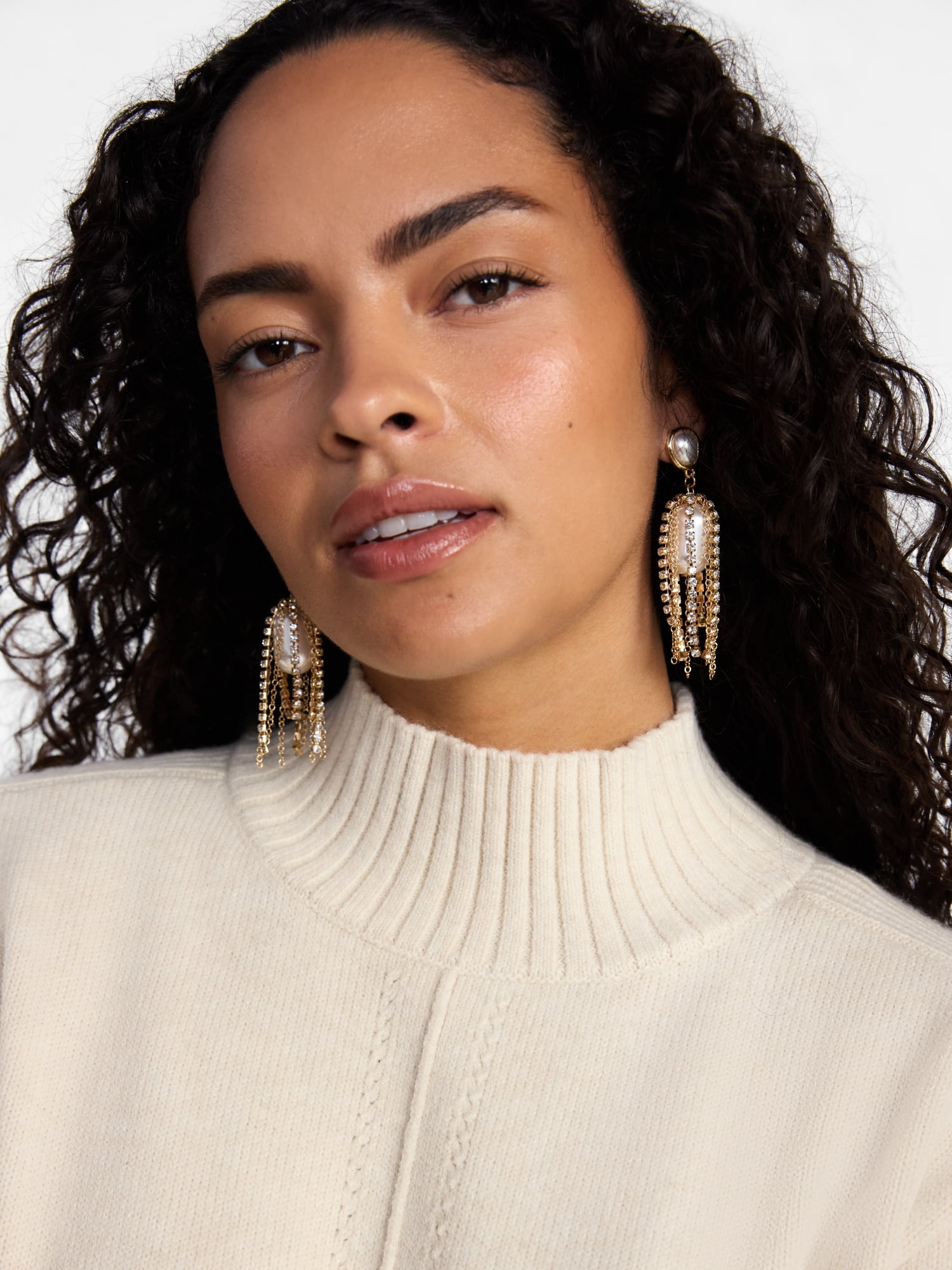 Scenario Women's Gold-Tone Faux Pearl Stone Rhinestone Chain Drop Earrings