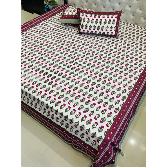 Indian Cotton Bedspread King Size with Pillow Covers – Ethnic Floral Print Bedding Set(Pink)
