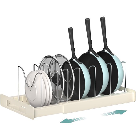 Expandable Pot and Pan Organizers Rack for cabinet - Pot Lid Organizer Rack Holder with 7 Adjustable Dividers, Kitchen Cabinet Cookware Baking Organizer, White 11.81''-22''