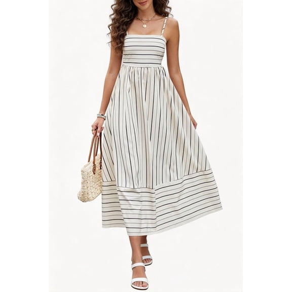 ACTYARD Women's Summer Striped Spaghetti Strap Maxi Dress Boho Smocked Beach Sundress, Apricot