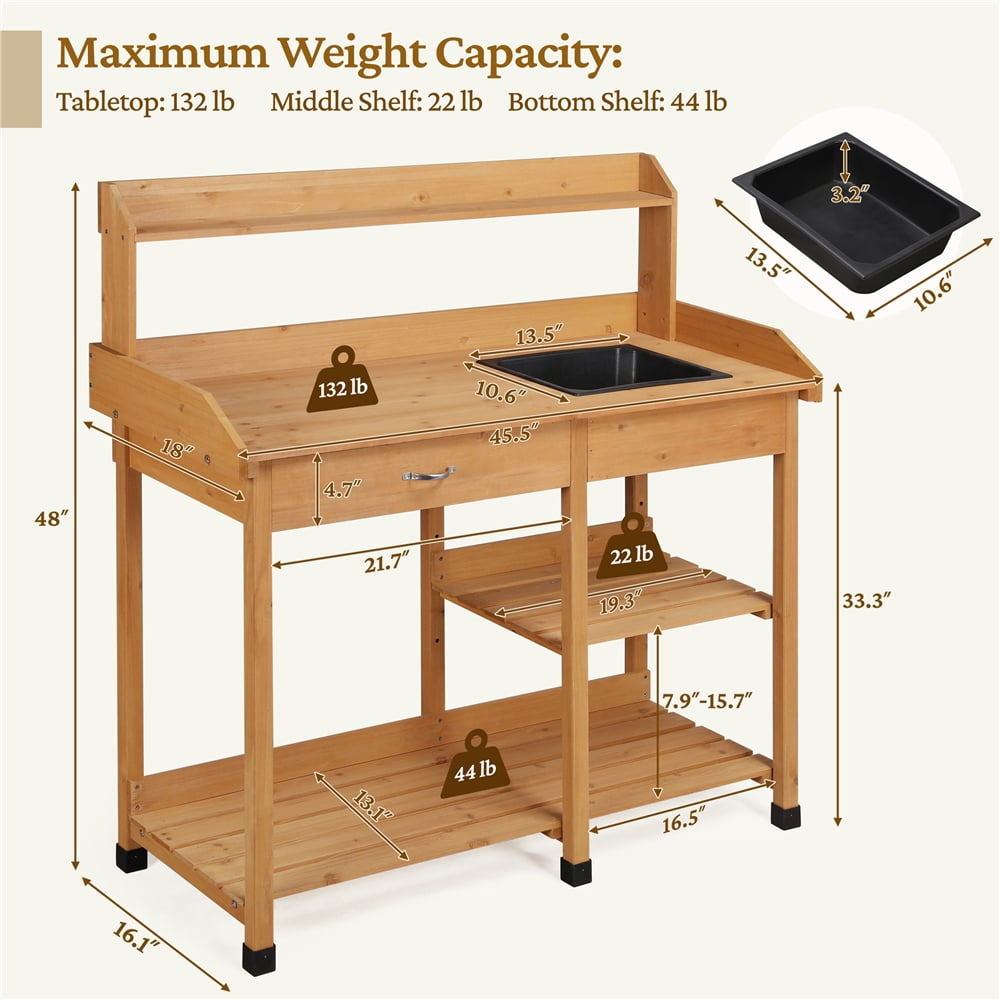 Renwick Garden Potting Bench with Basin & Drawer, Wood