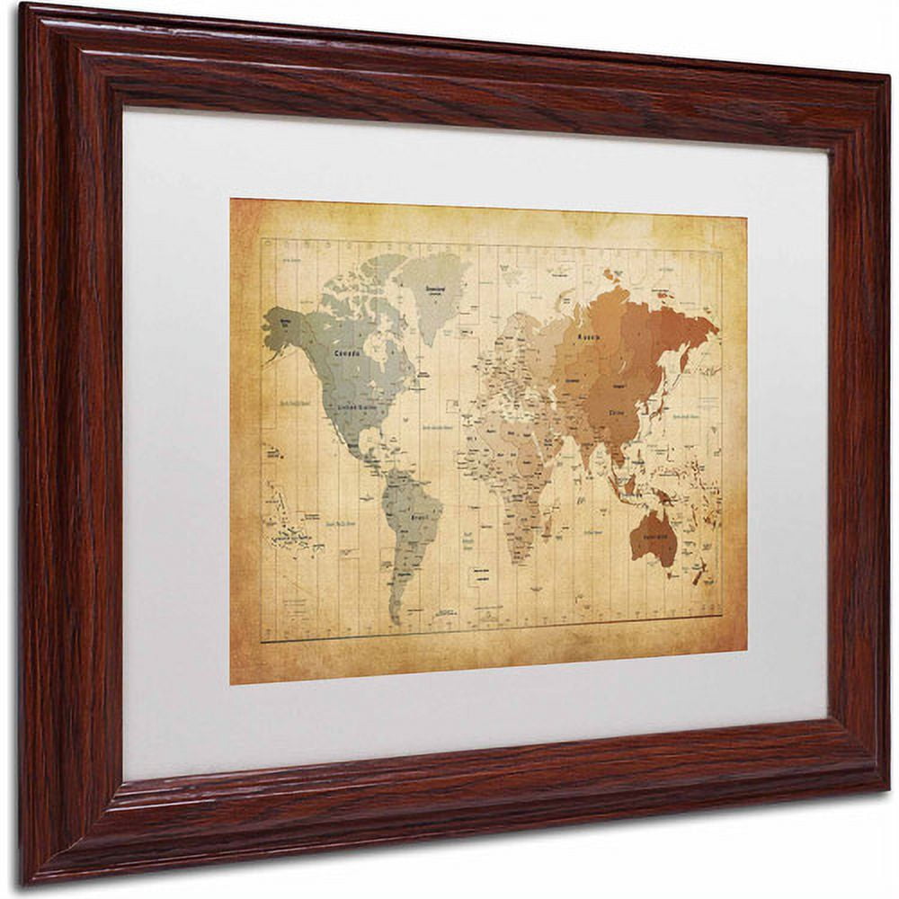 Trademark Fine Art "Time Zones Map of the World" Canvas Art by Michael Tompsett, White Matte, Wood Frame