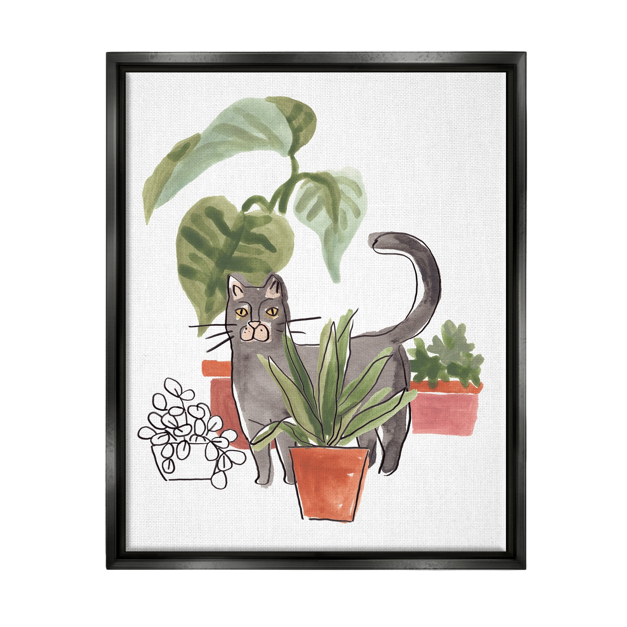 Stupell Industries Grey Cat Pet Terracotta House Plants Tropical Monstera Jet Black Framed Floating Canvas Wall Art, 16x20, by June Erica Vess