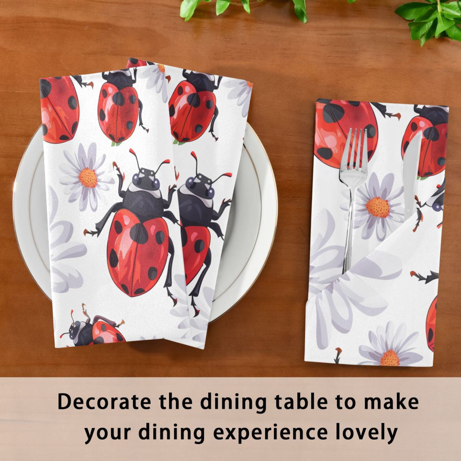 JSTEL Lady Bug Daisy Flower Cloth Napkins Set of 6, 20x20 Inch Washable and Reusable Napkin for Decoupage Dinner Party Everyday Use