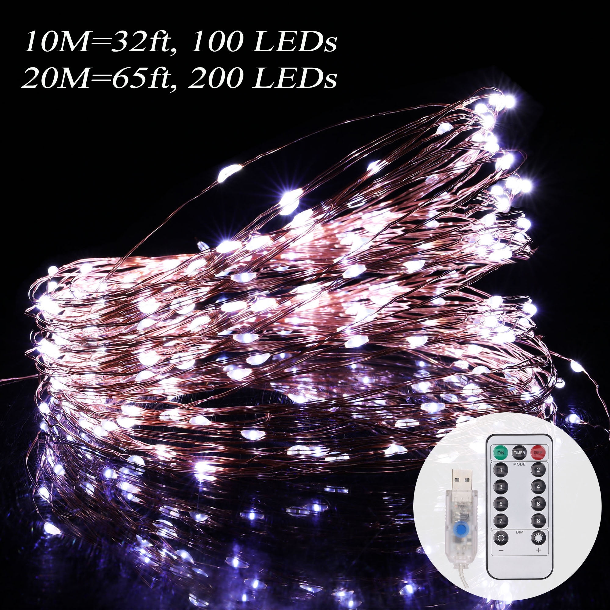 USB LED Fairy Lights with Remote Control - Copper Wire - 32ft