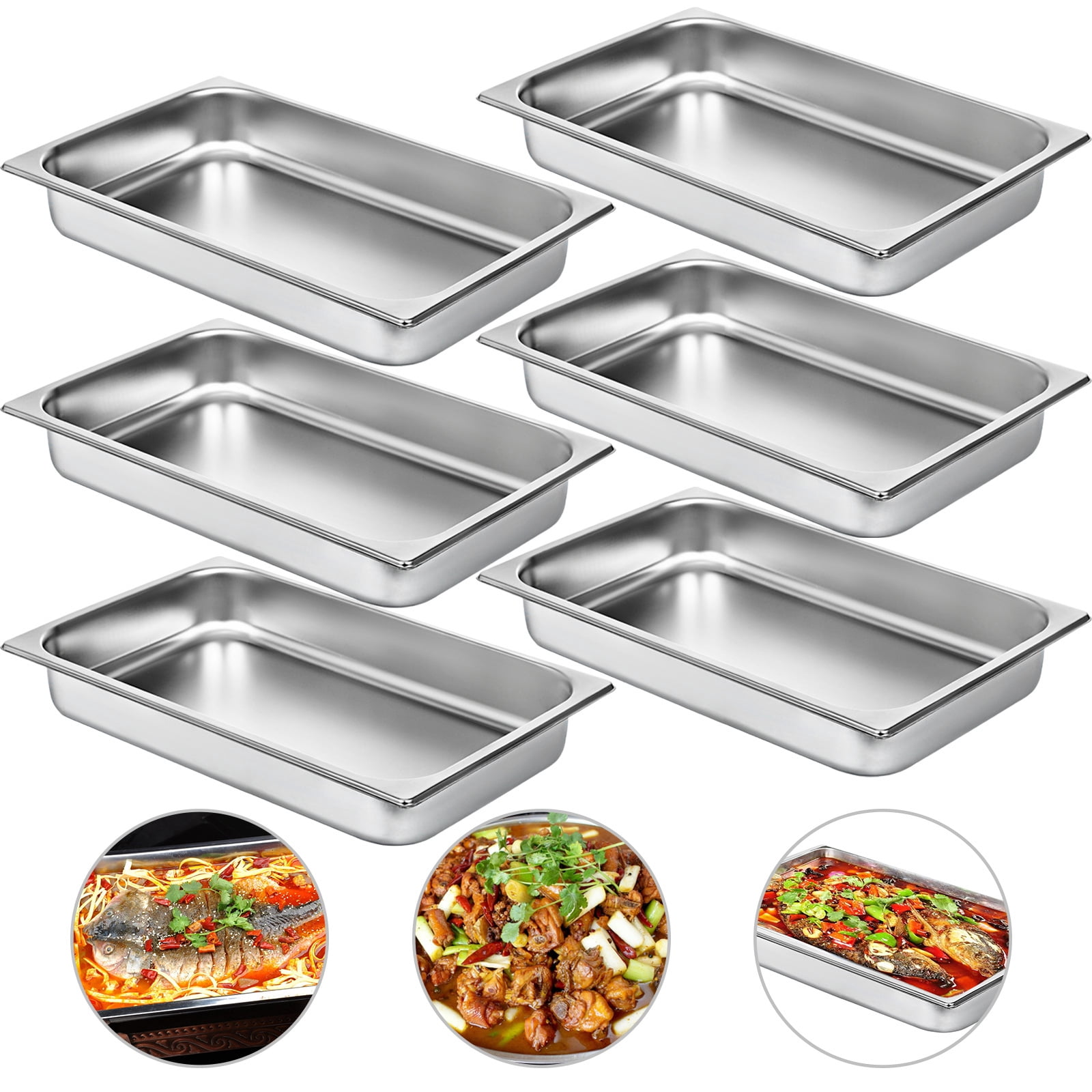 VEVORbrand Hotel Pans Full Size 2.5 Inch Deep, Steam Table Pan 6 Pack, 22 Gauge/0.8mm Thick Stainless Steel Hotel Pan Anti Jam Steam Table Pan