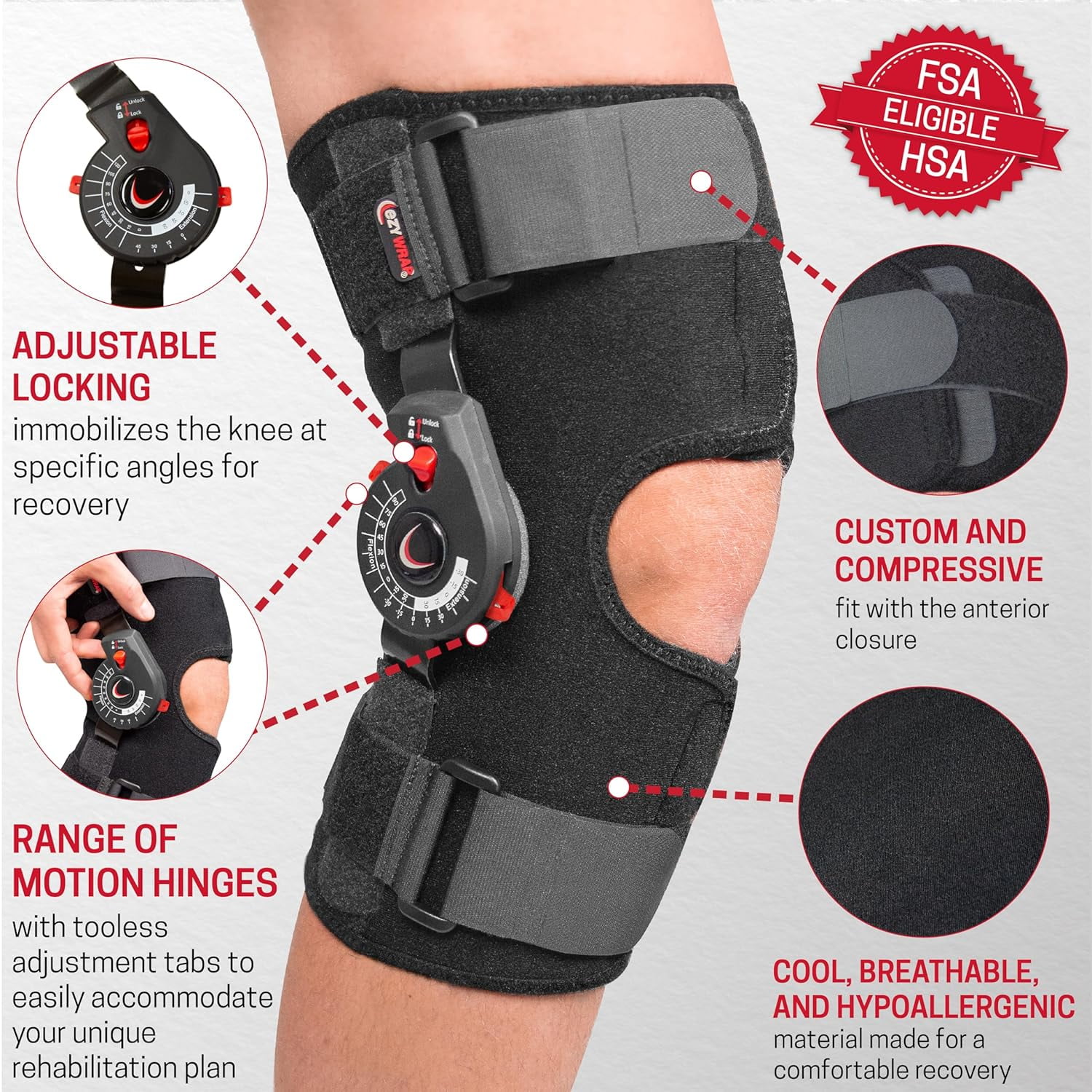 Ezy Wrap Rally ROM Hinged Knee Brace – Adjustable Motion Control Knee Support with Removable Hinges for Stable Recovery