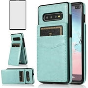 Phone Case for Samsung Galaxy S10 with Tempered Glass Screen Protector and Credit Card Holder Wallet Cover Stand Leather Cell Accessories Glaxay S 10 Edge Gaxaly 10S GS10 X10 Cases Women Green