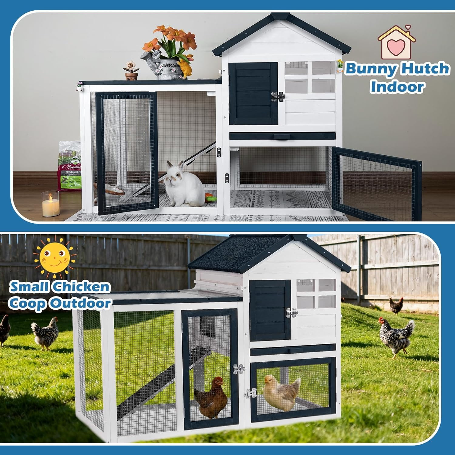 Rabbit Hutch Indoor Bunny Cage Outdoor Small Chicken Coop Animal House with Wire Floor Above Pull-Out Tray, Chew-Resistant Ramp & Entrance Openable Roof
