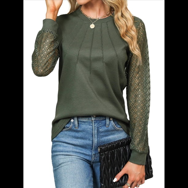 Blusas de Punto Gofre para Mujer, Blusas Elegantes Informales de Negocios, Camisas de Trabajo de Larga con Encaje, Ropa de Otoño. Verde L